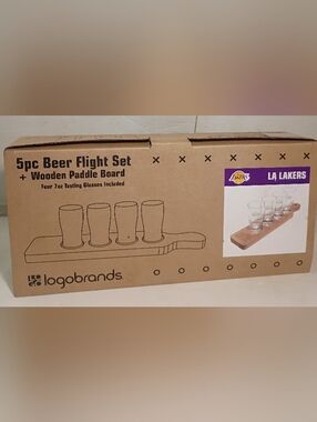 NIB Logo Brands Los Angeles Lakers 5pc Beer Flight Set Wooden Paddle & 4 Glasses